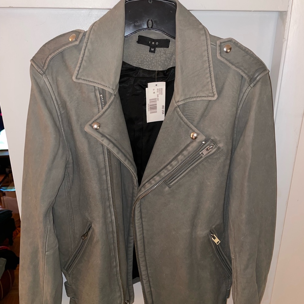 Iro leather jacket size M grey with green hue real leather NWT